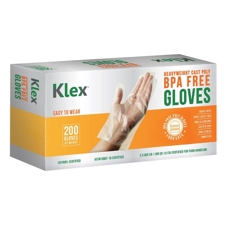 Klex 200 BPA Free Disposable Heavyweight Cast Poly CPE Gloves, Embossed PE Plastic Glove for Food Handling Food Prep Safe, Latex & Powder Free (200 Count, Medium) - Image 1
